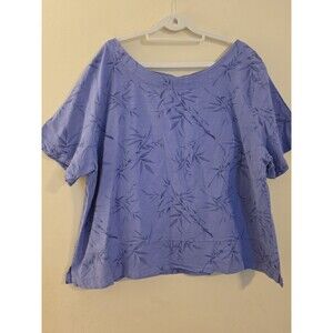 WEK Size 2X Purple‎ Palm Print Cotton Short Sleeve Minimal Made USA Coastal Top